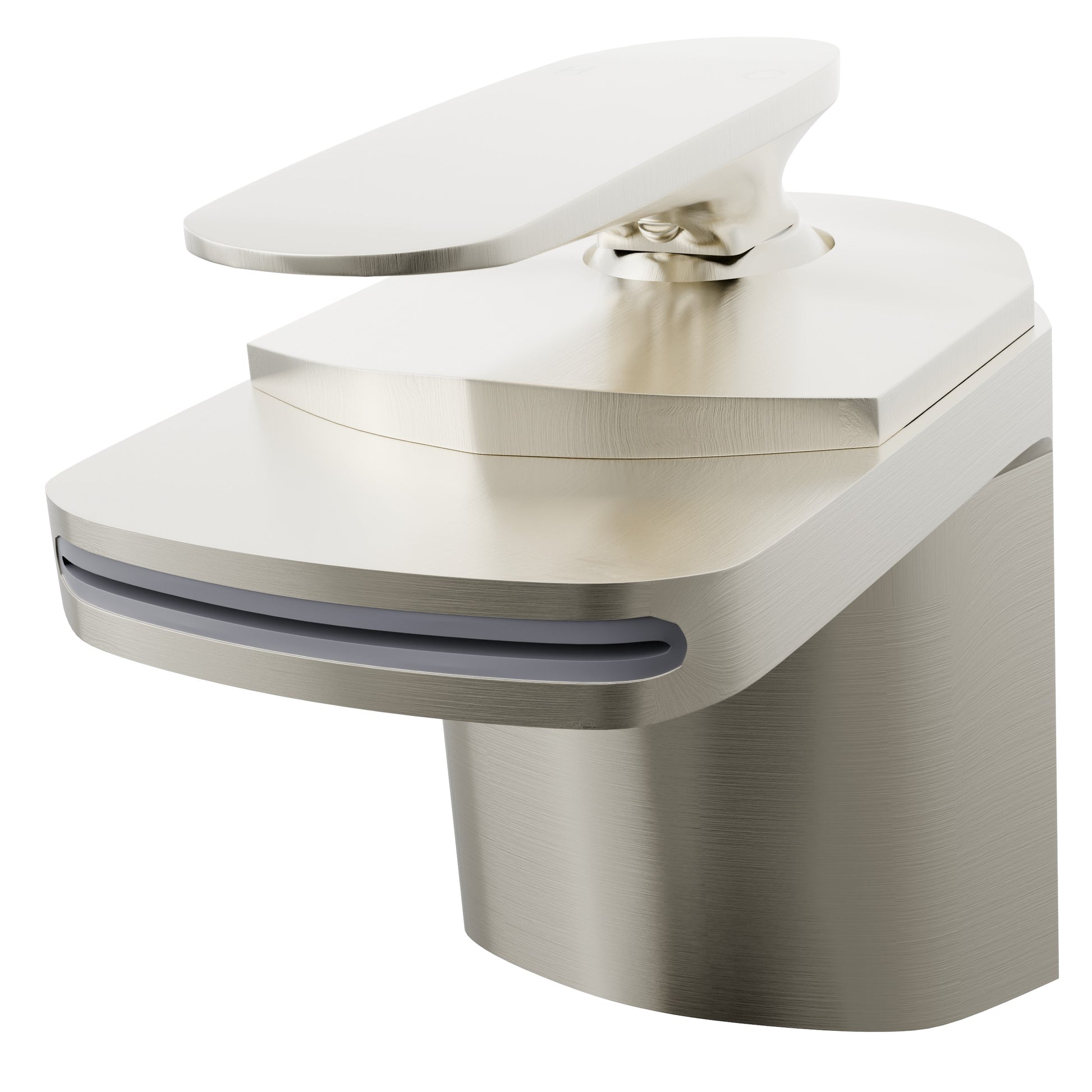 Modern single handle waterfall bathroom faucet from Novatto, three-quarter view showing sleek design and polished finish.