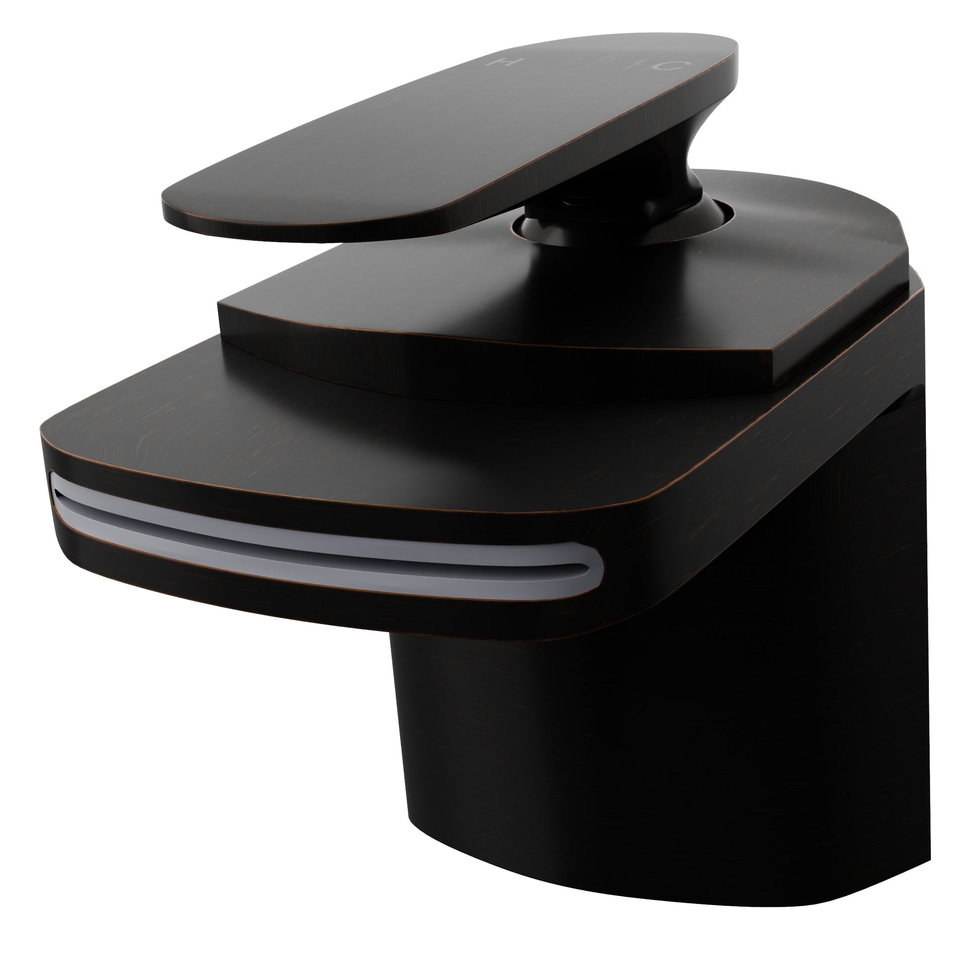 Modern Novatto single handle waterfall bathroom faucet from the NBF-084 series, shown in a three-quarter view with an oil-rubbed bronze finish.