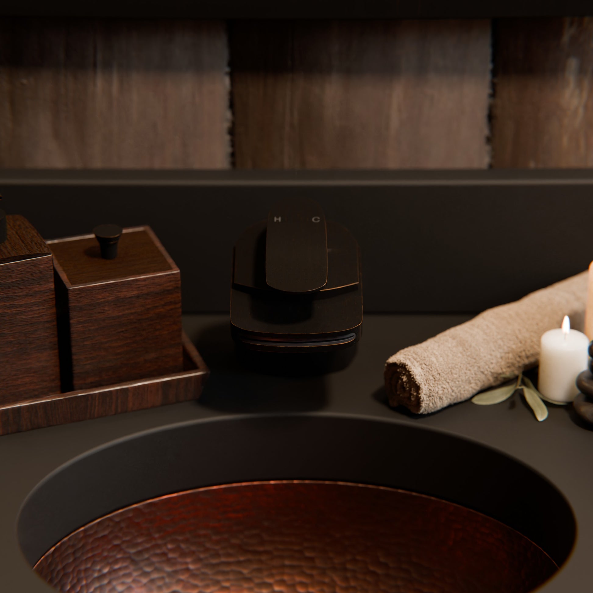 Oval copper undermount bath sink in antique finish by Novatto, traditional bathroom style with detailed craftsmanship.