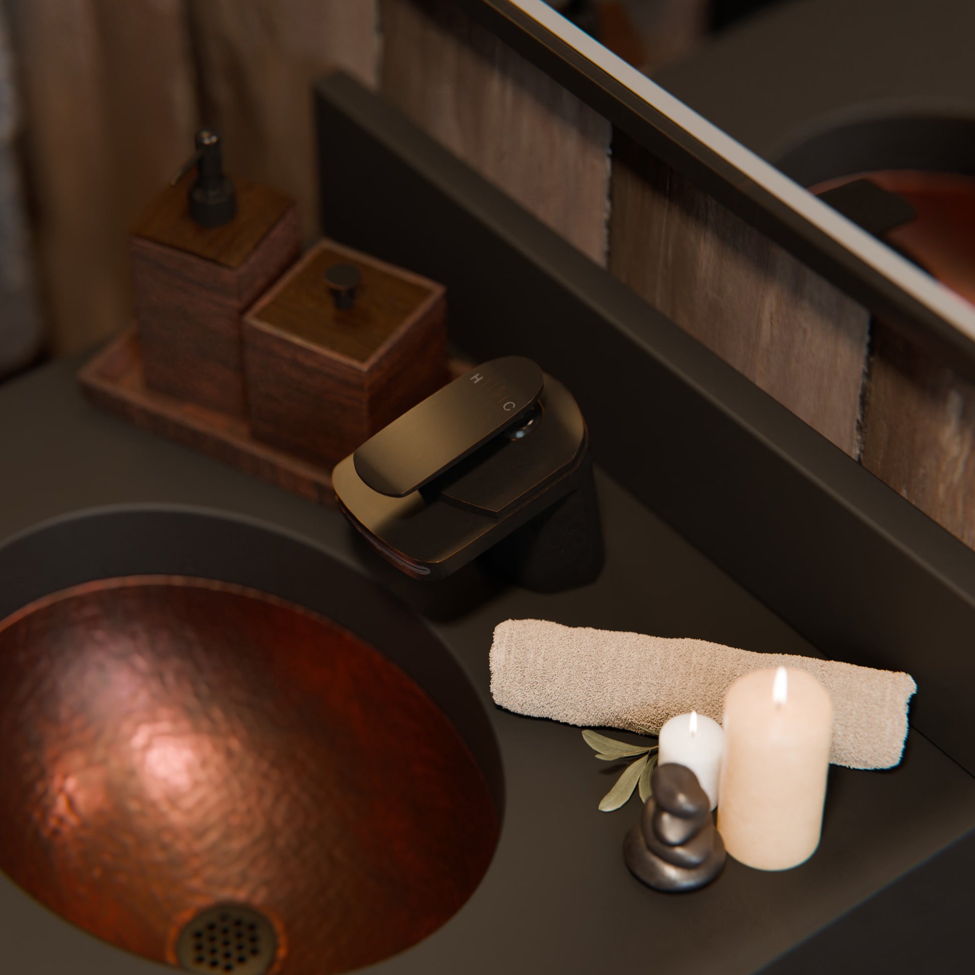 Oval copper undermount bath sink by Novatto, traditional antique finish, showcasing the elegant copper surface and undermount design.