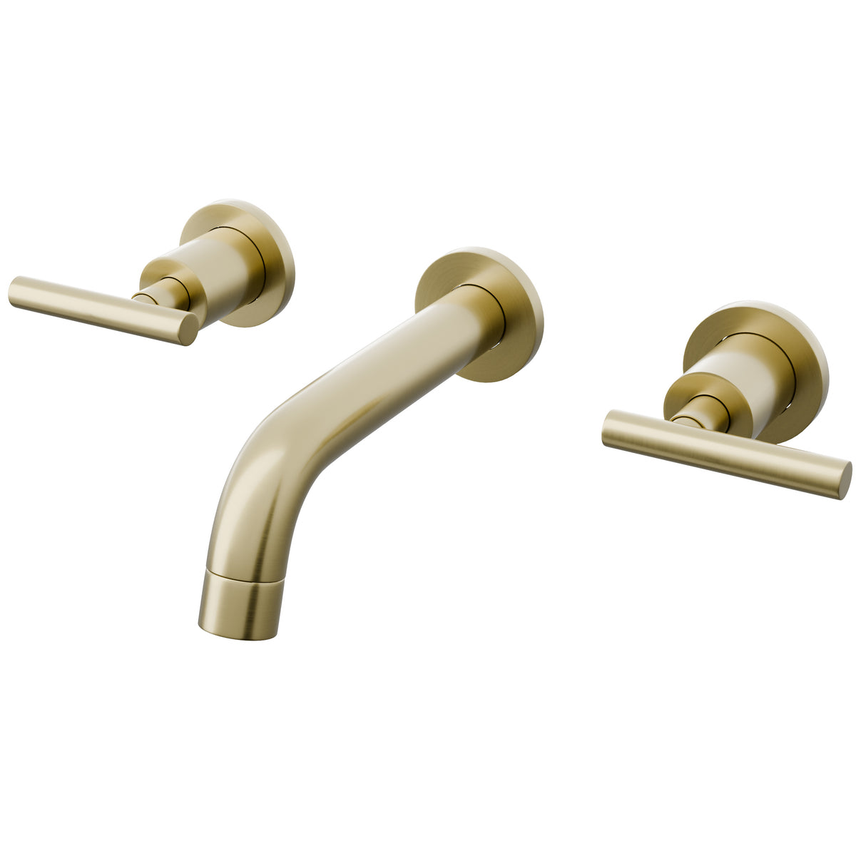 Modern Novatto Kennedy wall-mount bathroom faucet with two handles, three-quarter view showing sleek chrome finish and contemporary design.