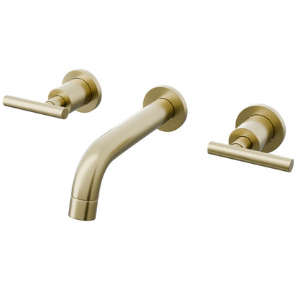 Modern Novatto Kennedy wall-mount bathroom faucet with two handles, three-quarter view showing sleek chrome finish and contemporary design.