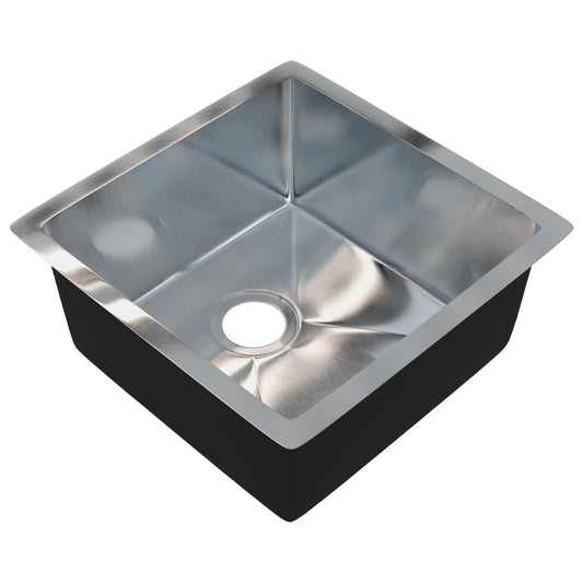 18-inch stainless steel square bar sink by Novatto, compact prep sink with sleek design, shown without drain in the image.