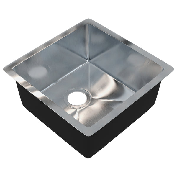 18-inch stainless steel square bar sink by Novatto, compact prep sink with sleek design, shown without drain in the image.