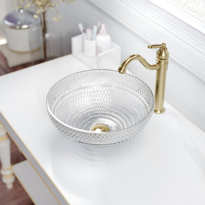 Modern Cristallo Diamond Clear Crystal Glass Vessel Bathroom Sink by Novatto, round shape with smooth, transparent surface.