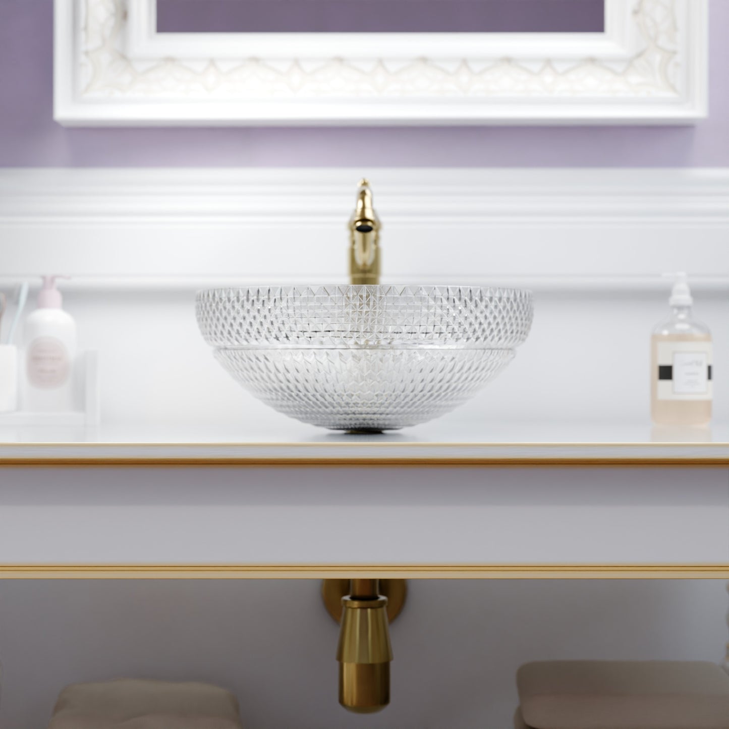 Modern Cristallo Diamond Clear Crystal Glass Vessel Bathroom Sink by Novatto with round shape and sleek design.