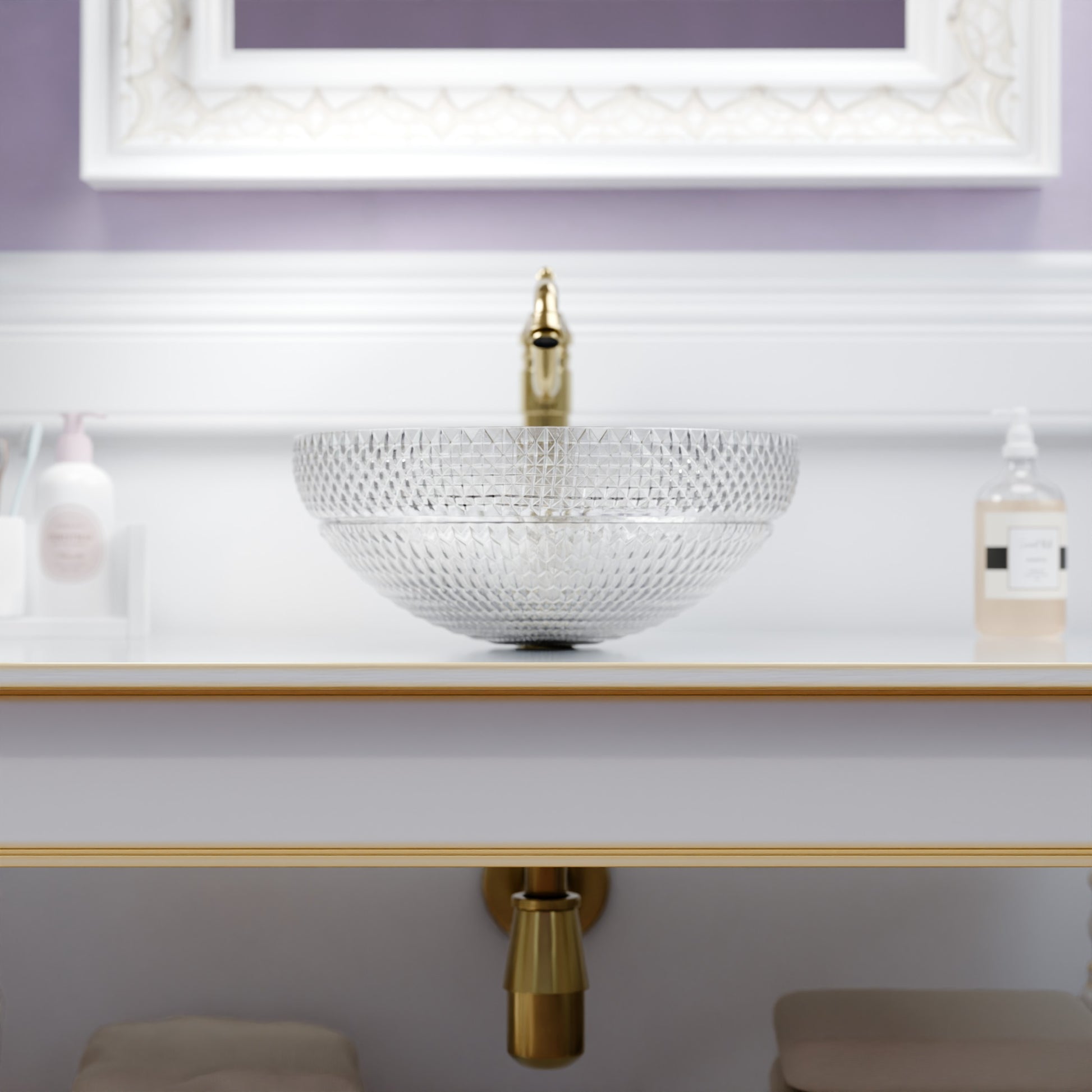 Modern Cristallo Diamond Clear Crystal Glass Vessel Bathroom Sink by Novatto with round shape and sleek design.