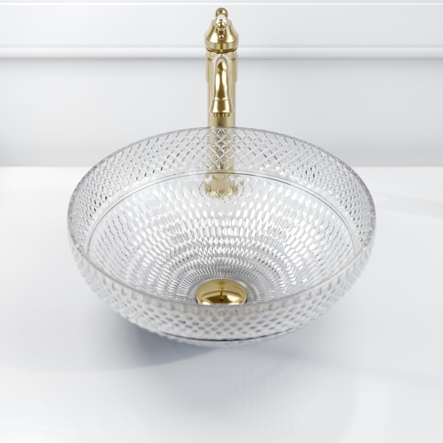 Modern Novatto Cristallo Diamond clear glass round bathroom sink with smooth surface, designed for stylish bathroom vanity installation.