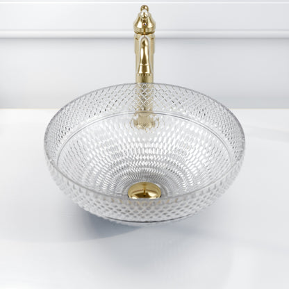 Modern Novatto Cristallo Diamond clear glass round bathroom sink with smooth surface, designed for stylish bathroom vanity installation.