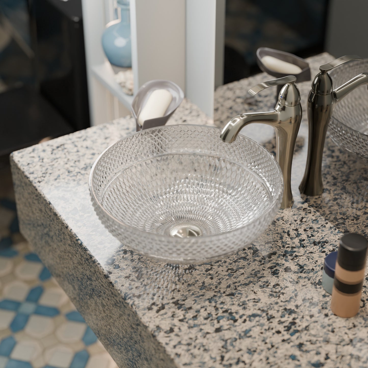 Novatto Cristallo Diamond Clear Crystal Glass Round Bathroom Sink with modern vessel design, ocean blue accents, and smooth finish.