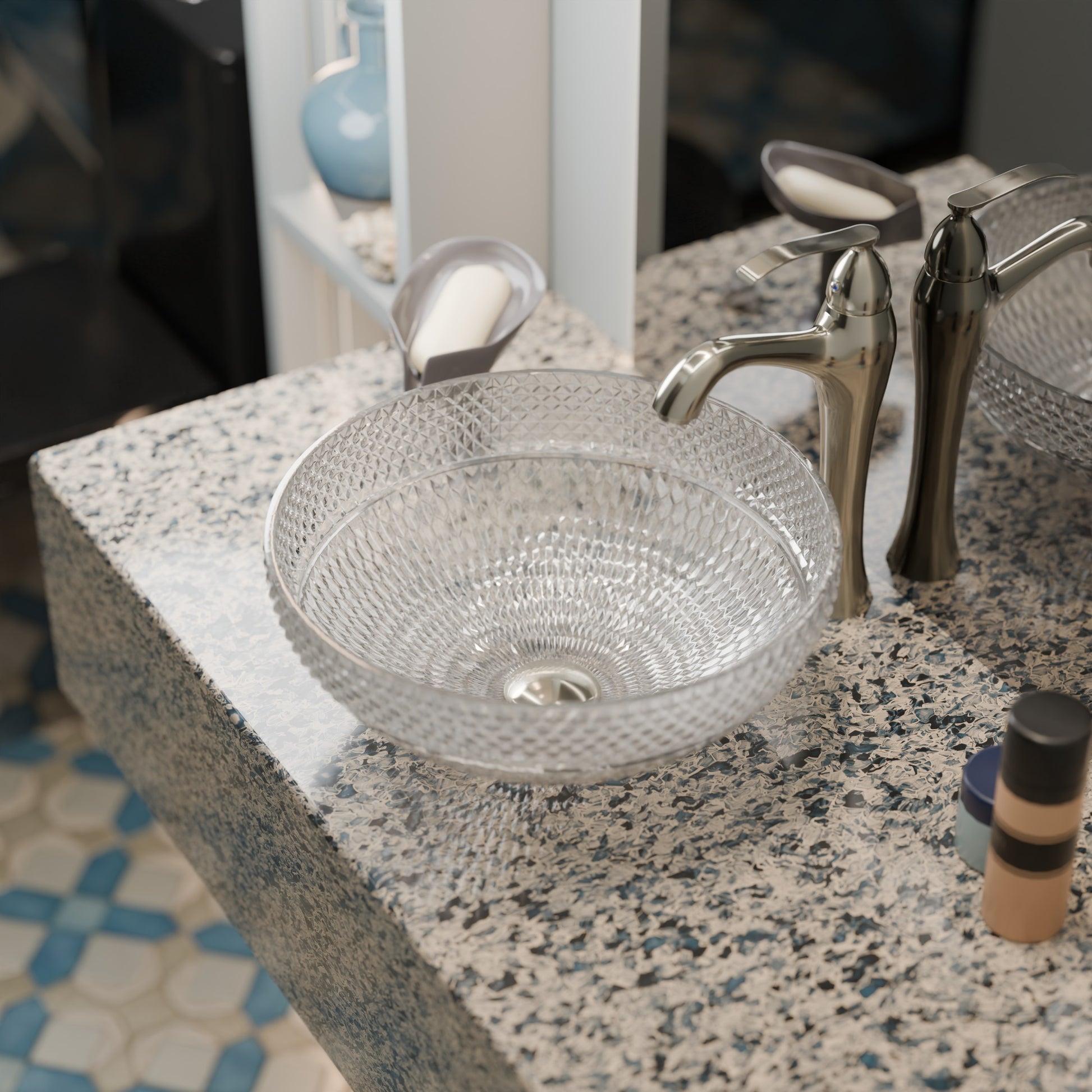 Novatto Cristallo Diamond Clear Crystal Glass Round Bathroom Sink with modern vessel design, ocean blue accents, and smooth finish.