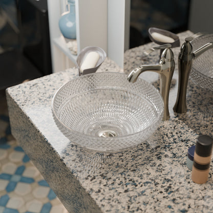 Novatto Cristallo Diamond Clear Crystal Glass Round Bathroom Sink with modern vessel design, ocean blue accents, and smooth finish.