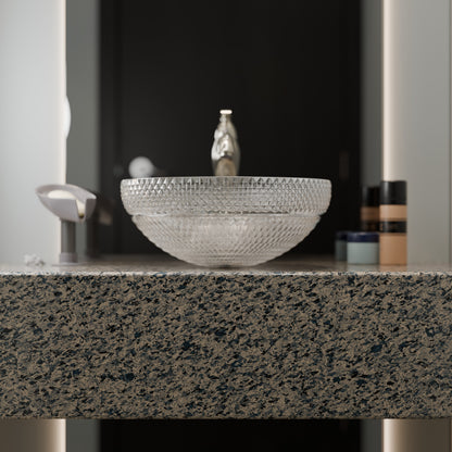 Modern Novatto Cristallo Diamond Clear Crystal Glass Vessel Bathroom Sink with round design and sleek finish.