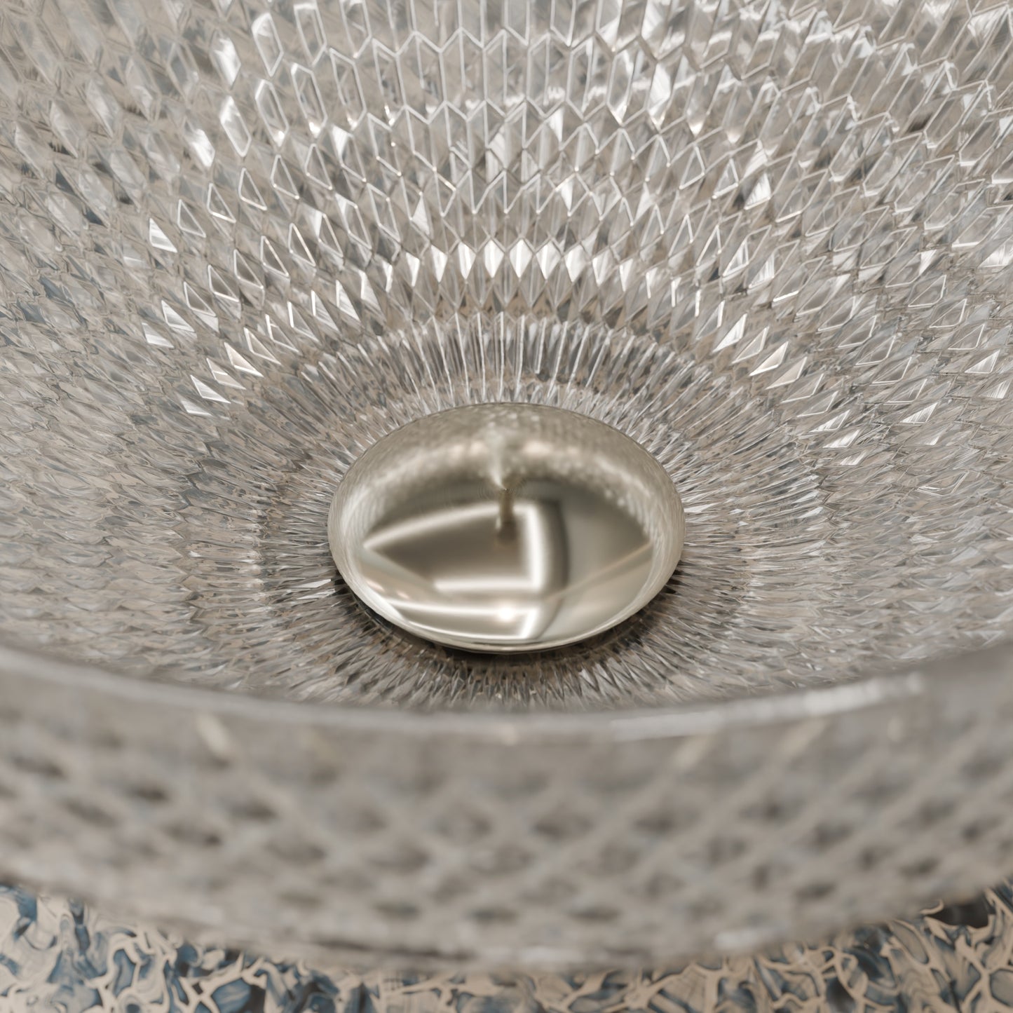 Modern Novatto Cristallo Diamond Clear Crystal Glass Vessel Bathroom Sink with round shape and smooth, transparent surface.