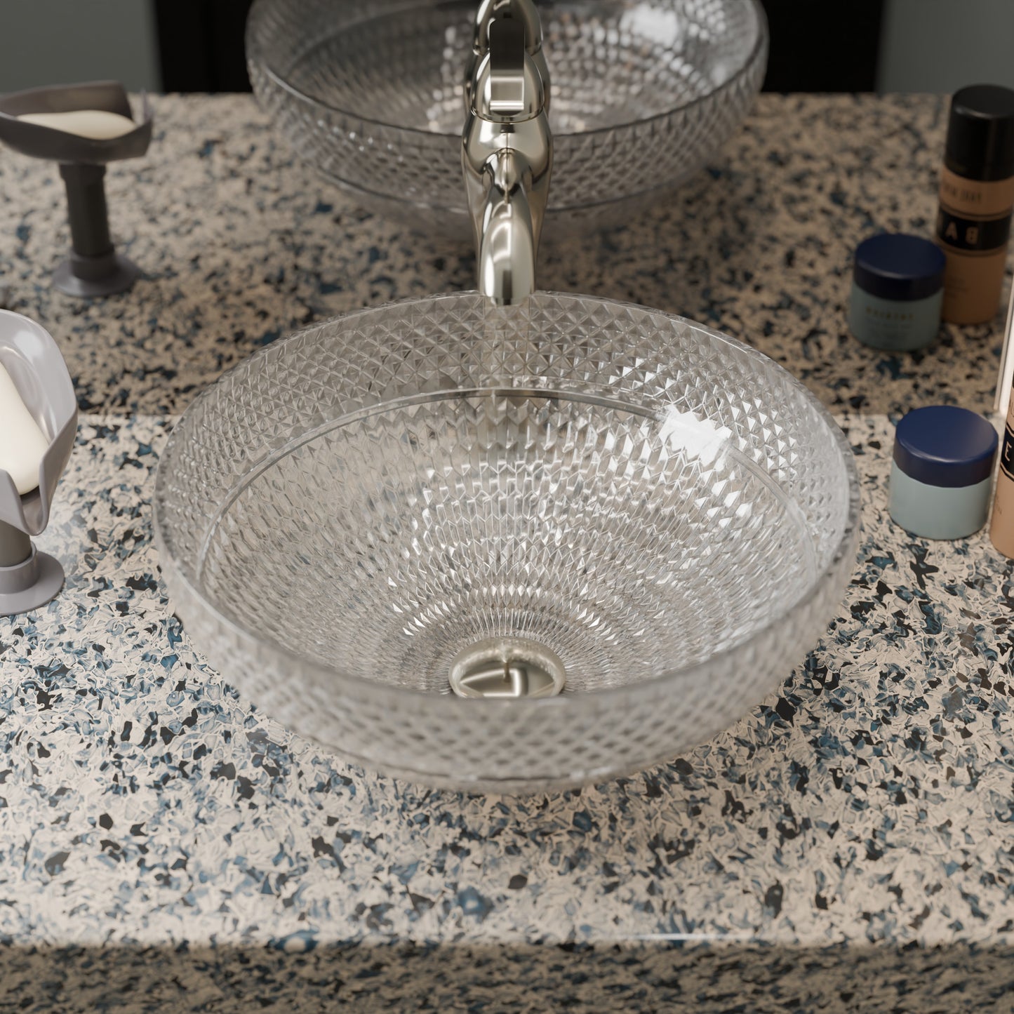 Novatto Cristallo diamond clear crystal glass round bathroom sink, modern vessel design with sleek transparent surface.