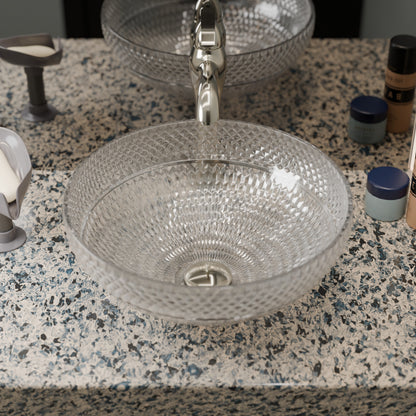 Novatto Cristallo diamond clear crystal glass round bathroom sink, modern vessel design with sleek transparent surface.