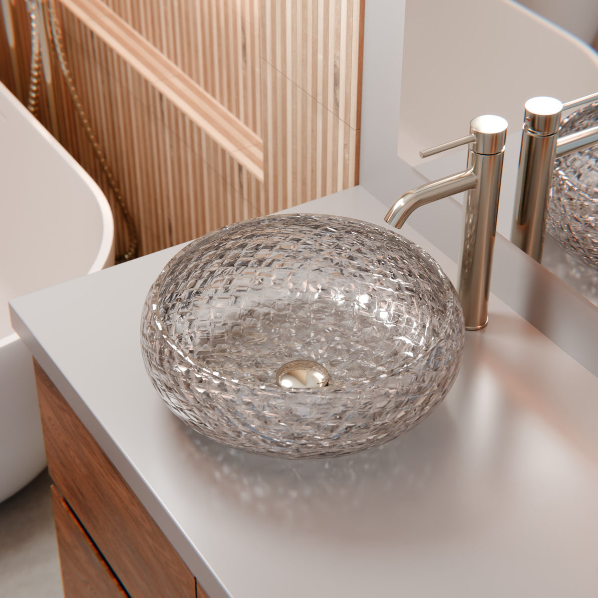 Modern Novatto glass vessel bathroom sink with clear, extra thick diamond-cut crystal design and gold accents.