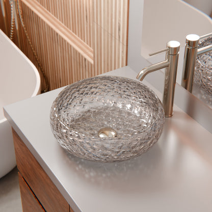 Modern Novatto glass vessel bathroom sink with clear, extra thick diamond-cut crystal design and gold accents.