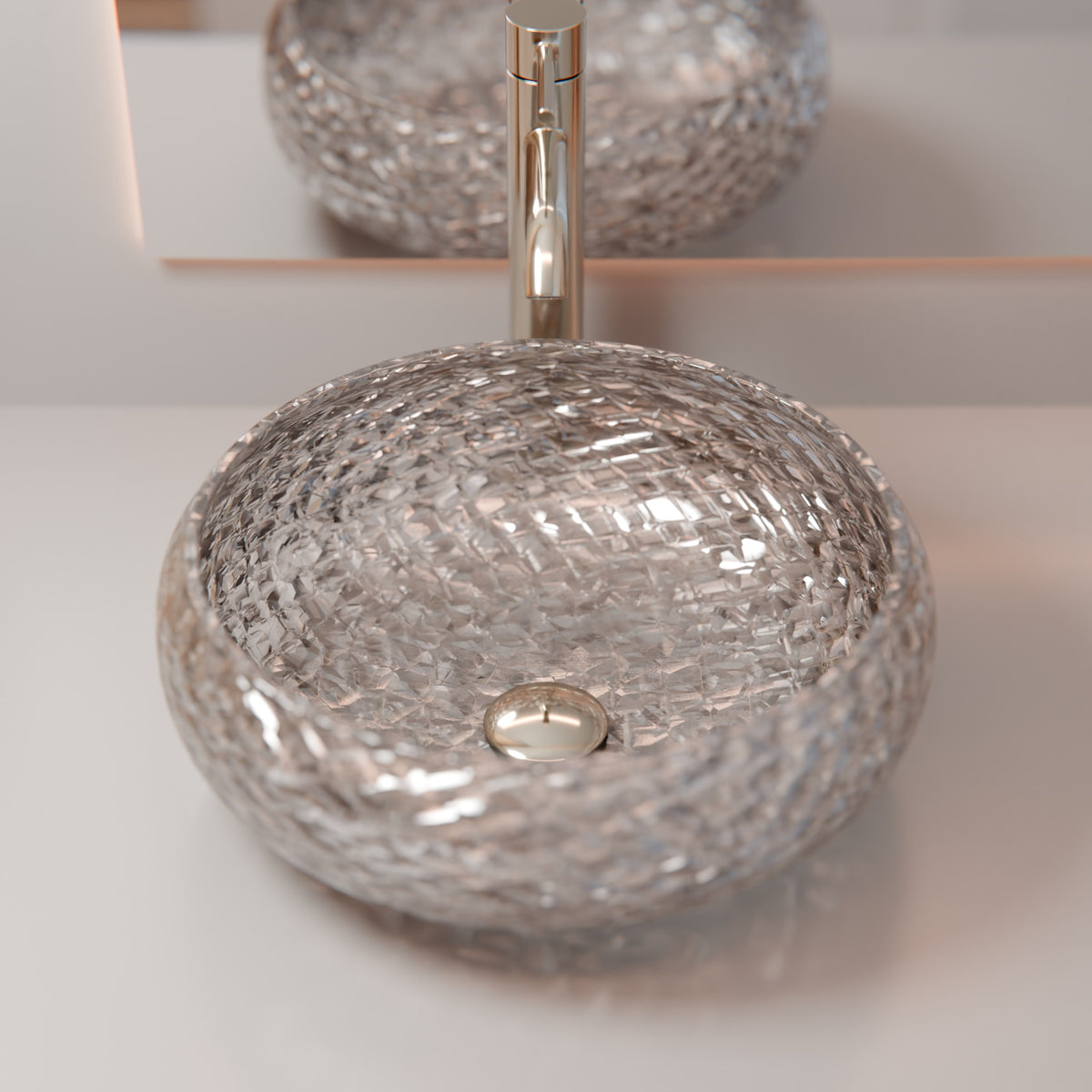 Modern Novatto glass vessel bathroom sink with clear crystal diamonds, extra thick transparent design, featuring gold accents.