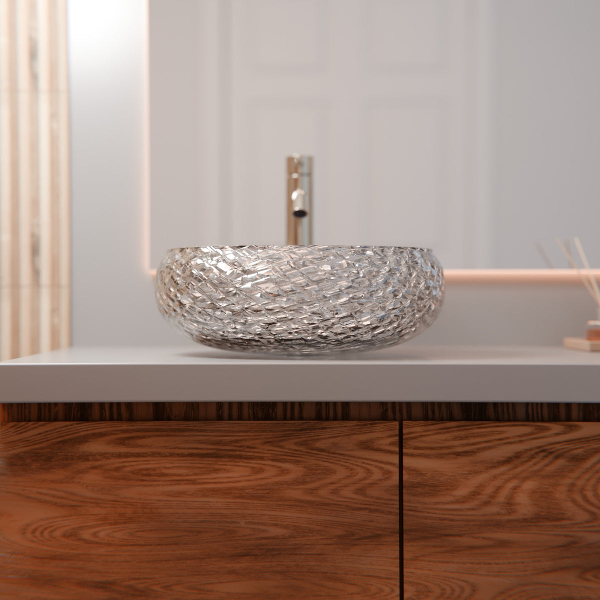 Modern Novatto glass vessel bathroom sink with clear, thick crystal diamond design and gold accents, showcasing elegant craftsmanship.