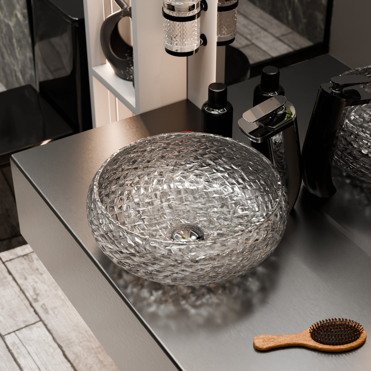 Modern glass vessel bathroom sink with clear, thick diamond-cut crystal design by Novatto, featuring a sleek, stylish appearance.