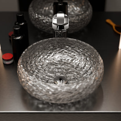 Modern clear glass vessel bathroom sink by Novatto with diamante diamond crystal accents, extra thick design, and sleek contemporary style.