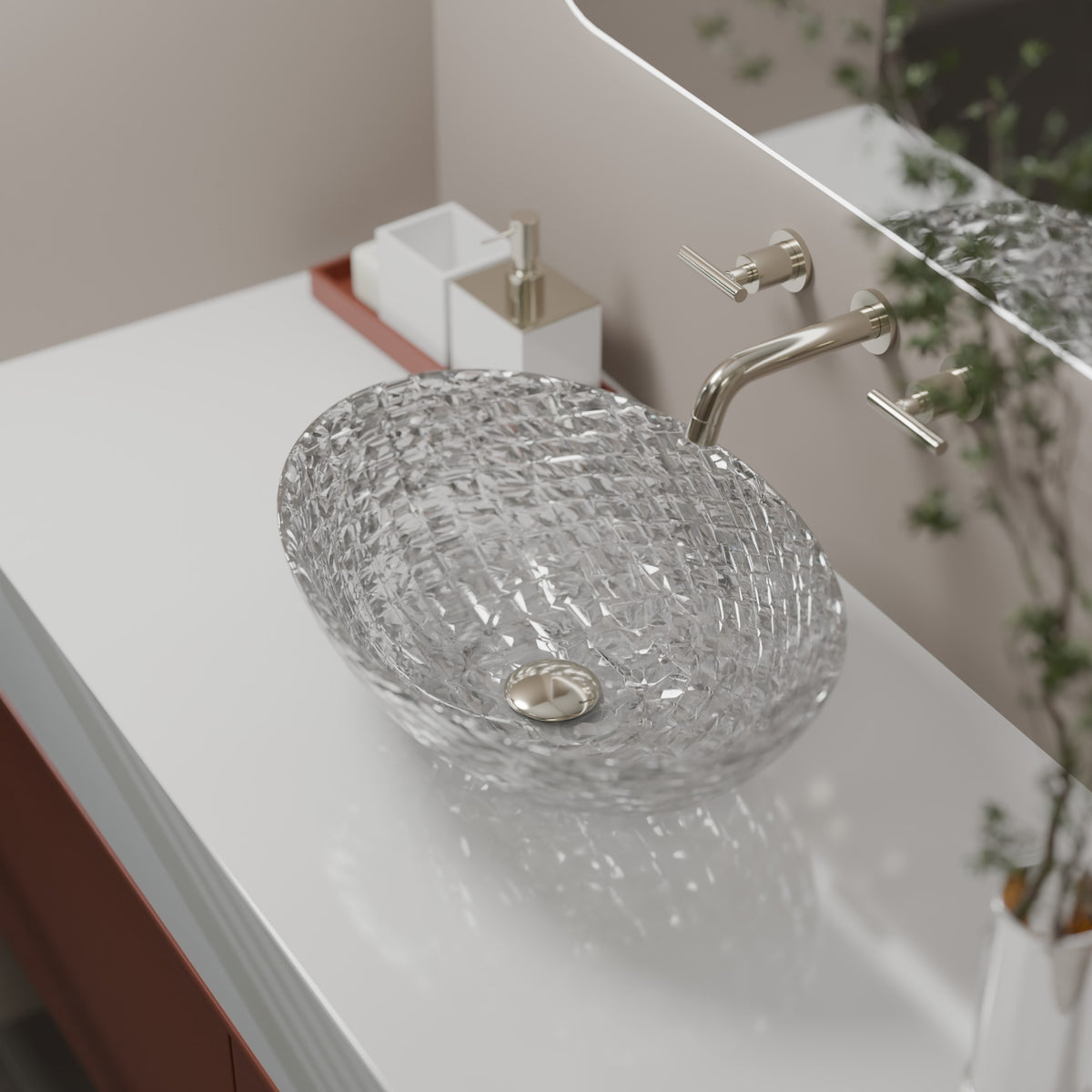Modern oval bathroom sink by Novatto, crystal clear glass vessel with diamond-like accents, designed for contemporary bathroom decor.