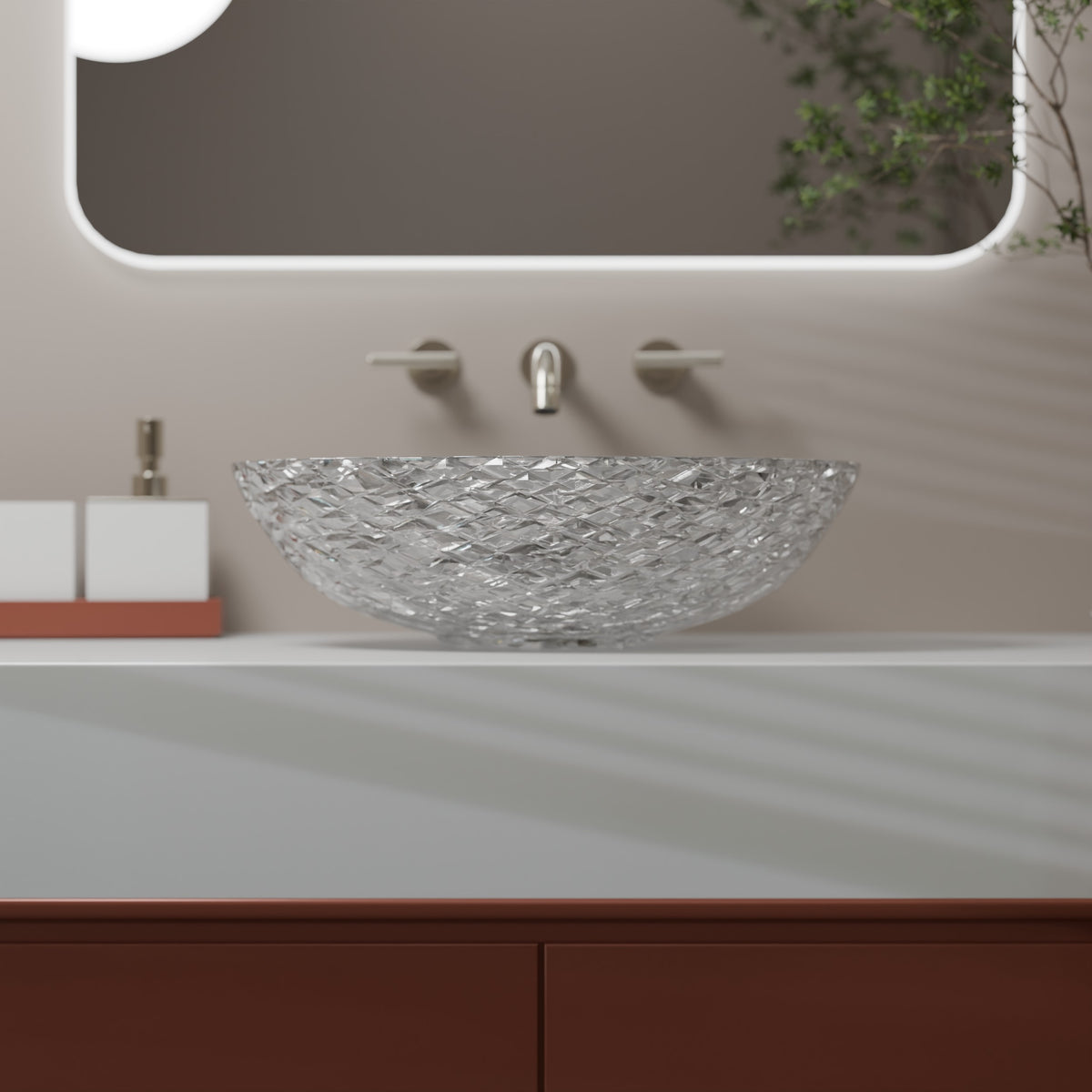 Modern oval glass bathroom sink by Novatto featuring clear crystal vessel design and sleek oval shape.