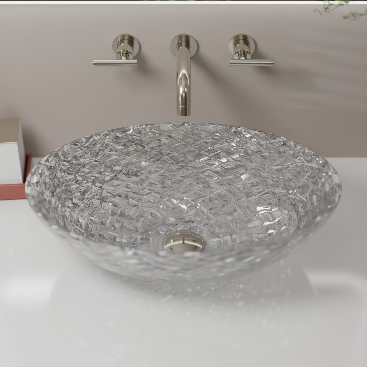 Modern Novatto Ostrica Diamond Crystal Clear Glass Vessel Oval Bathroom Sink with sleek design and transparent finish.