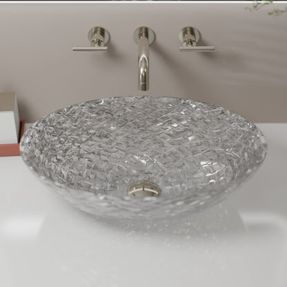 Modern Novatto Ostrica Diamond Crystal Clear Glass Vessel Oval Bathroom Sink with sleek design and transparent finish.