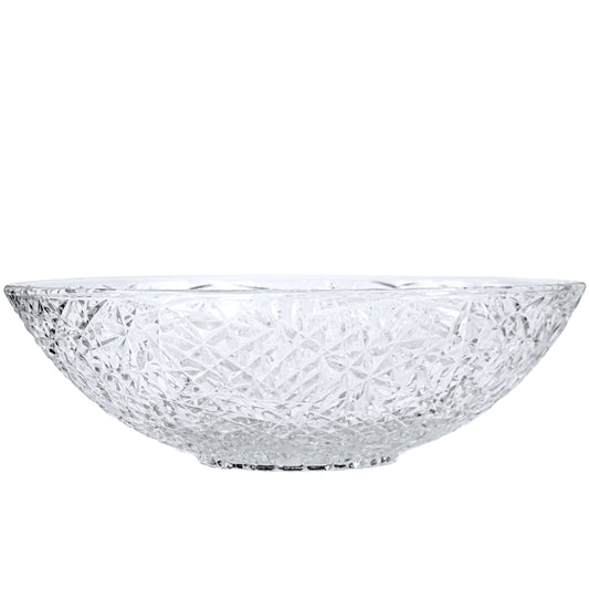 Modern oval bathroom sink by Novatto, Ostrica Diamond crystal clear glass vessel with side view in a contemporary bathroom setting.