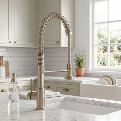 Novatto Dual Action Commercial Style Pull-Down Bar and Prep Faucet NKF-H010 with brushed finish, flexible spout and modern design