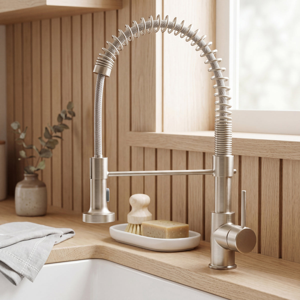 Novatto dual action commercial-style pull-down bar and prep faucet with brushed nickel finish, designed for kitchen use.