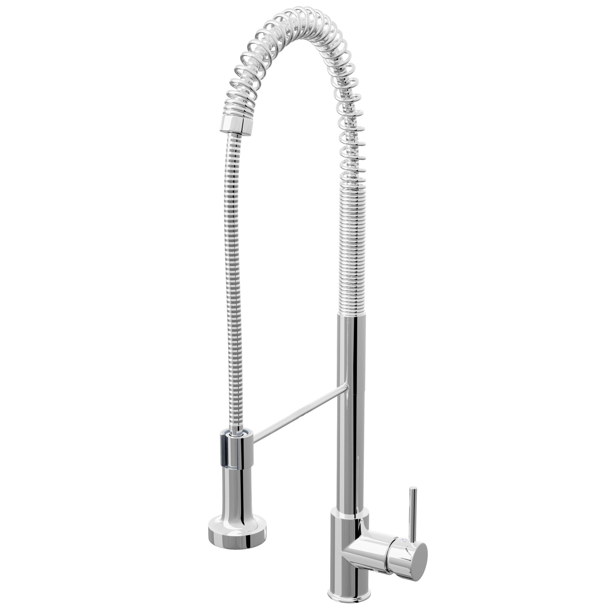 Three-quarter view of Novatto Dual Action Commercial Kitchen Faucet NKF-H07 with chrome finish and dual spouts.