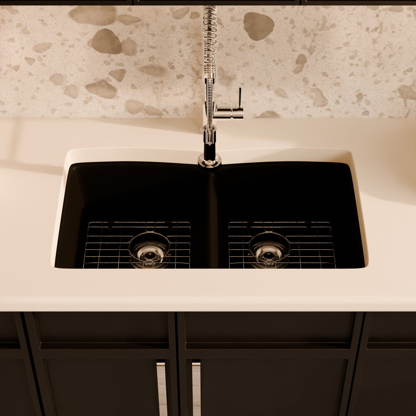 Double Bowl Undermount Granite Composite Sink in Absolute Black - NKGC-5050UND-AB