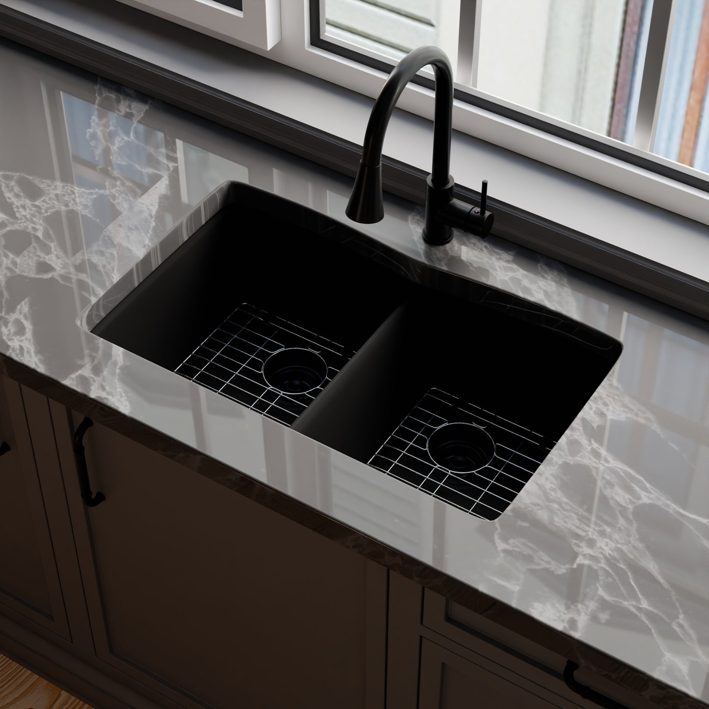 Double Bowl Undermount Granite Composite Sink in Absolute Black - NKGC-5050UND-AB