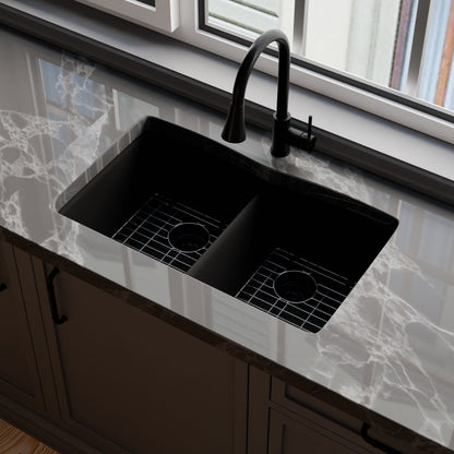 Double Bowl Undermount Granite Composite Sink in Absolute Black - NKGC-5050UND-AB