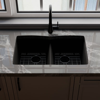 Double Bowl Undermount Granite Composite Sink in Absolute Black - NKGC-5050UND-AB