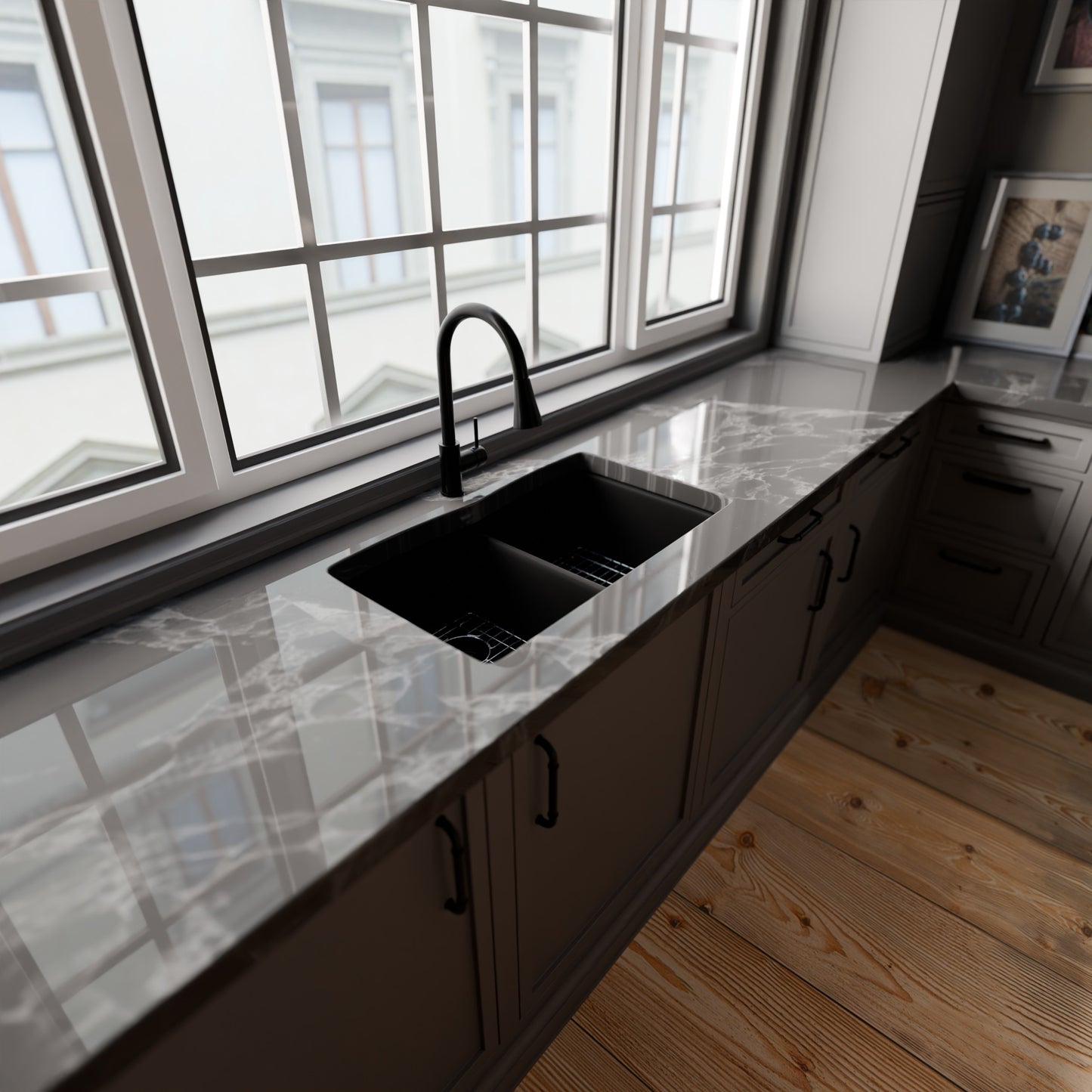 Double Bowl Undermount Granite Composite Sink in Absolute Black - NKGC-5050UND-AB