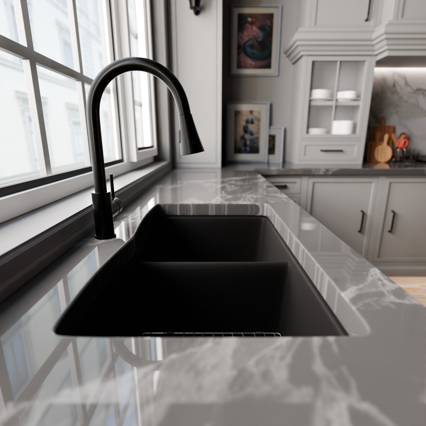 Double Bowl Undermount Granite Composite Sink in Absolute Black - NKGC-5050UND-AB