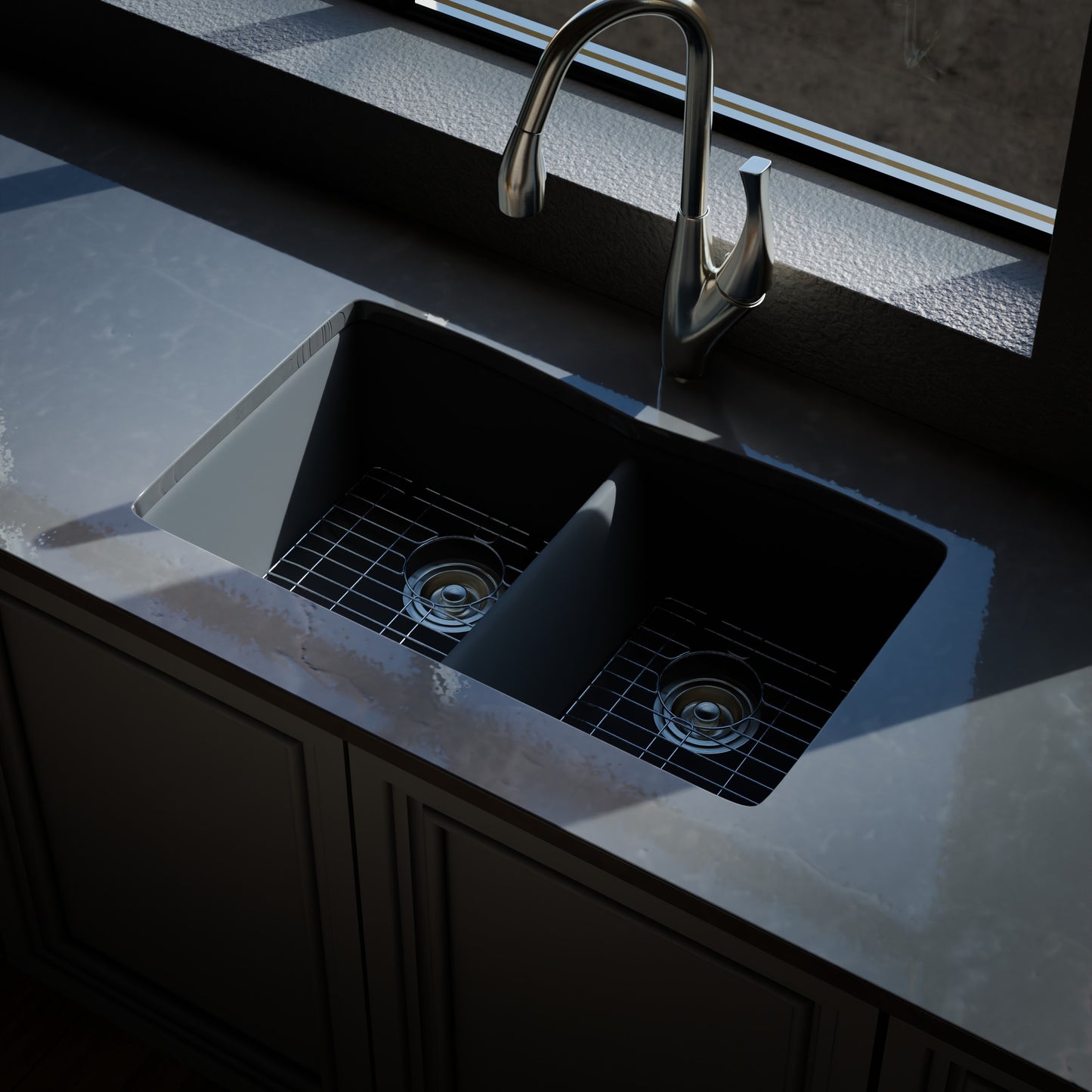 Double Bowl Undermount Granite Composite Sink in Ash - NKGC-5050UND-AS