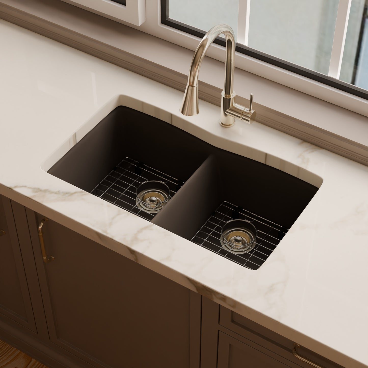 Double Bowl Undermount Granite Composite Sink in Ash - NKGC-5050UND-AS