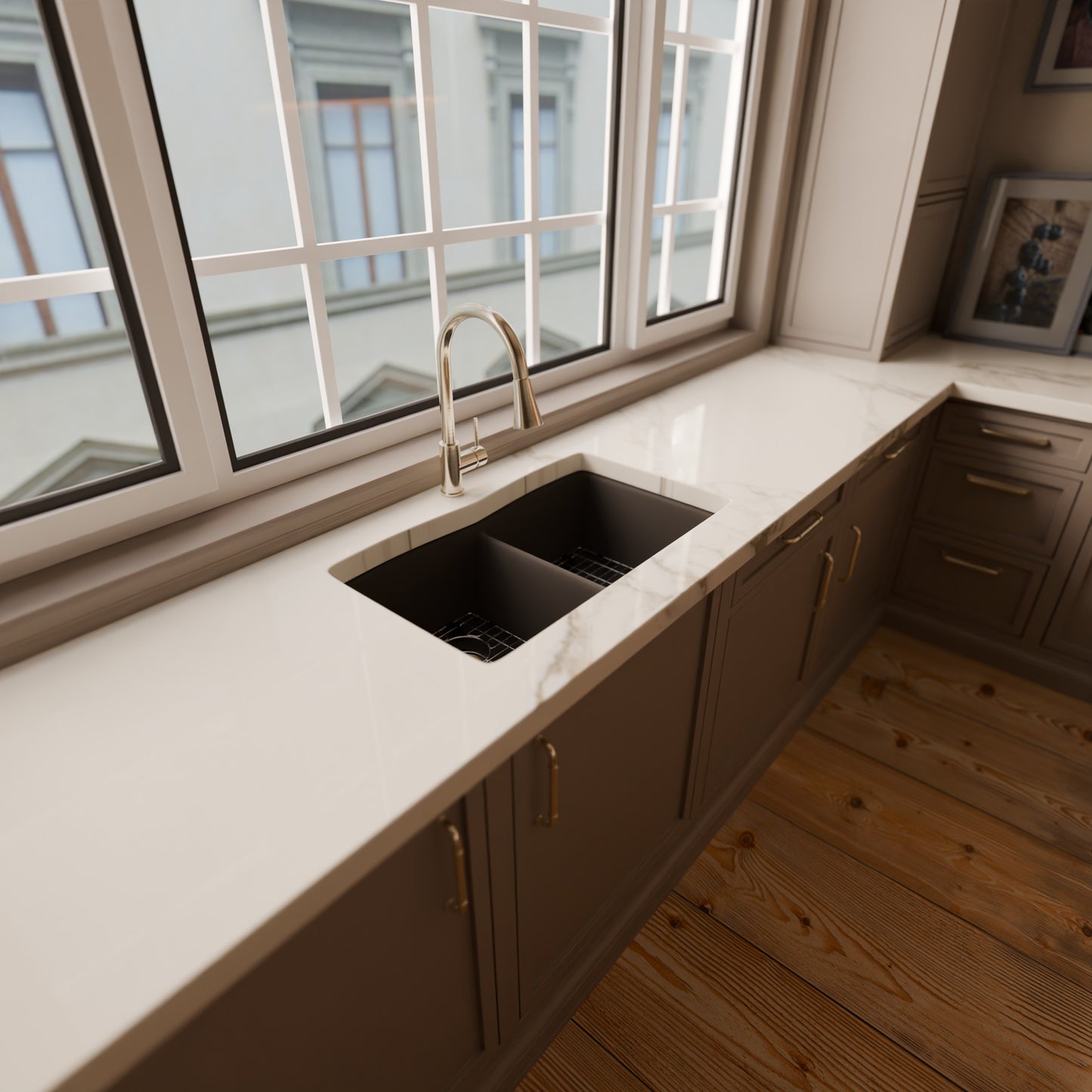 Double Bowl Undermount Granite Composite Sink in Ash - NKGC-5050UND-AS