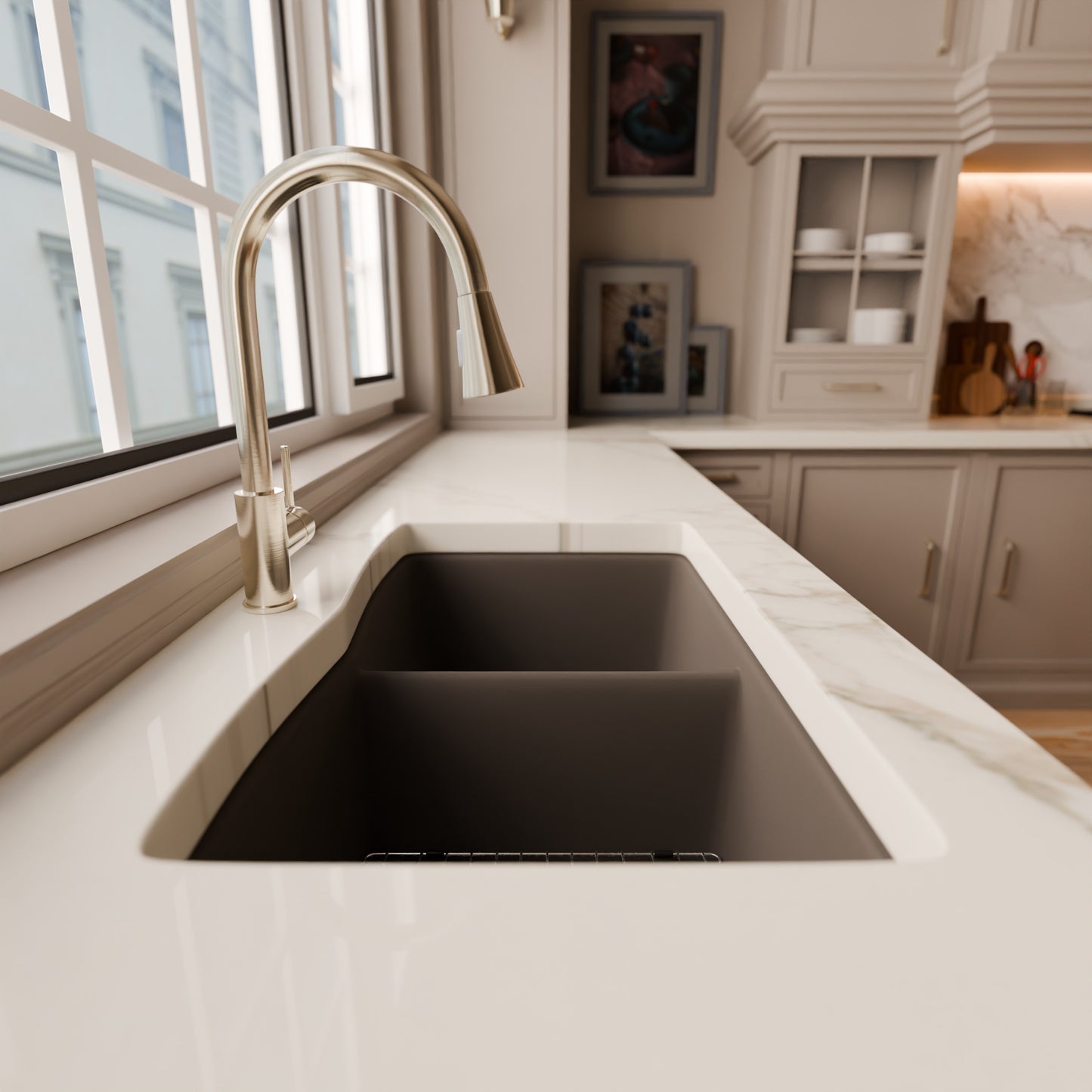 Double Bowl Undermount Granite Composite Sink in Ash - NKGC-5050UND-AS