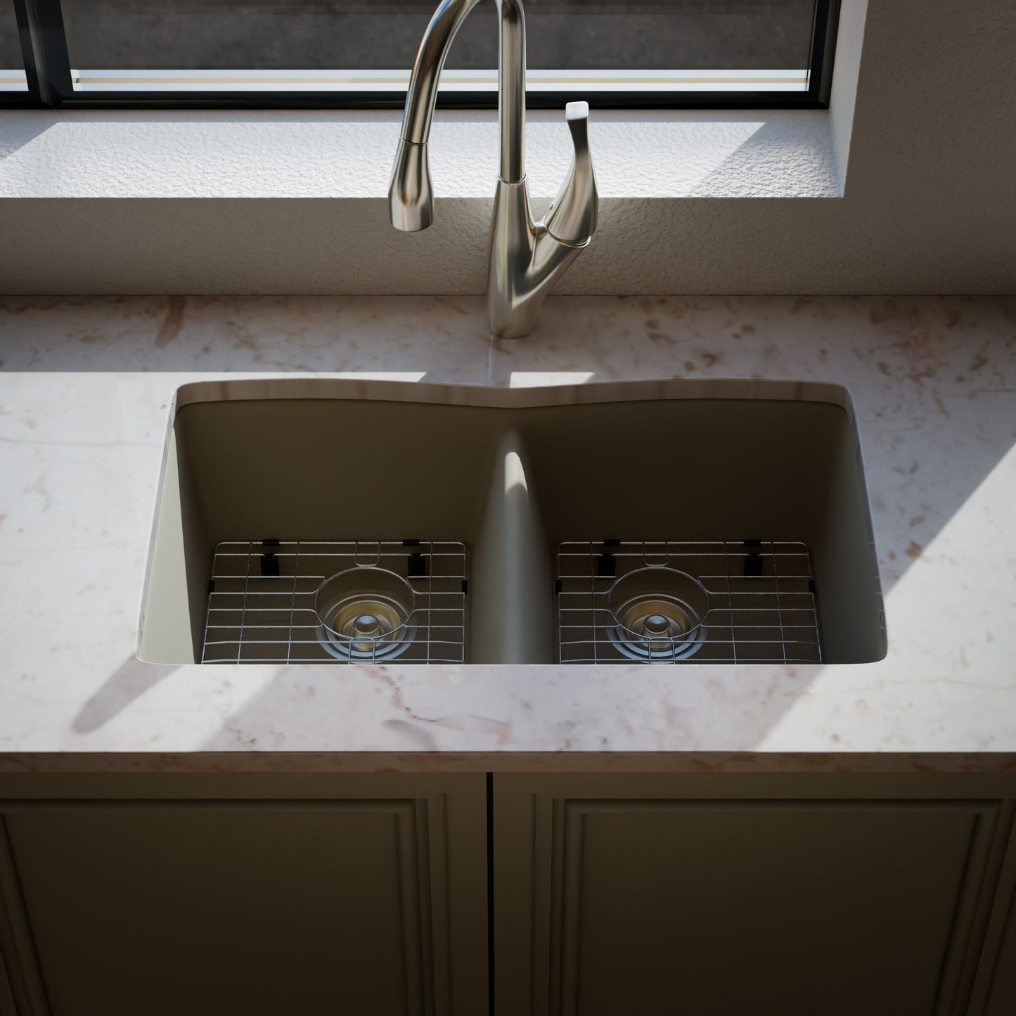 Double Bowl Undermount Granite Composite Sink in Sand - NKGC-5050UND-SA