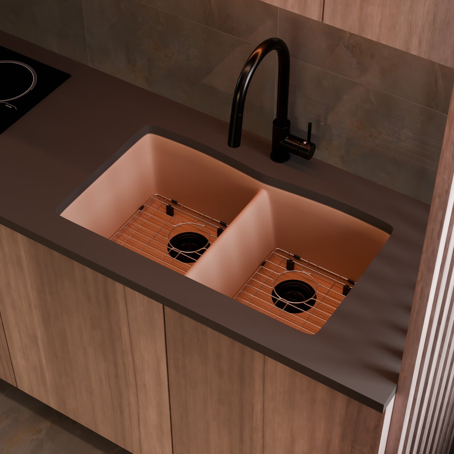 Double Bowl Undermount Granite Composite Sink in Wheat - NKGC-5050UND-WHE