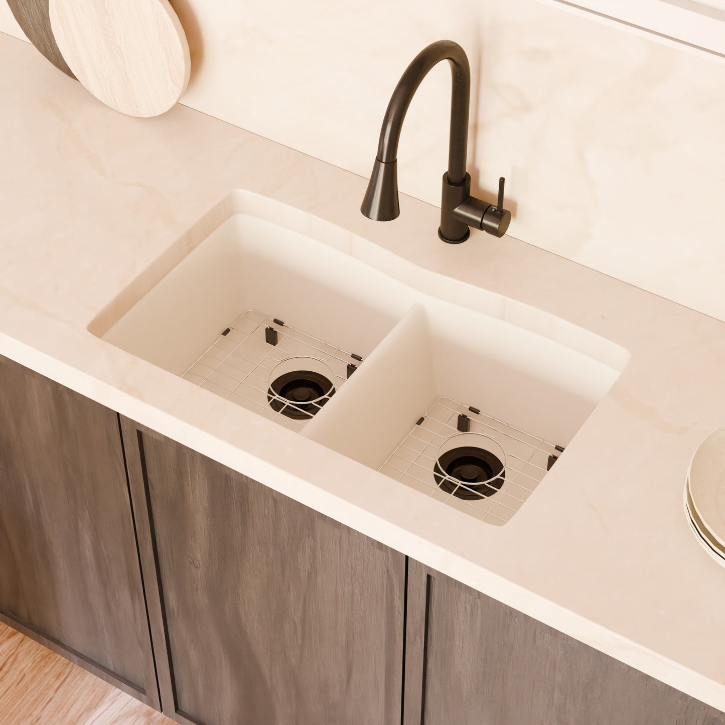 Double Bowl Undermount Granite Composite Sink in Striking White - NKGC-5050UND-WHI