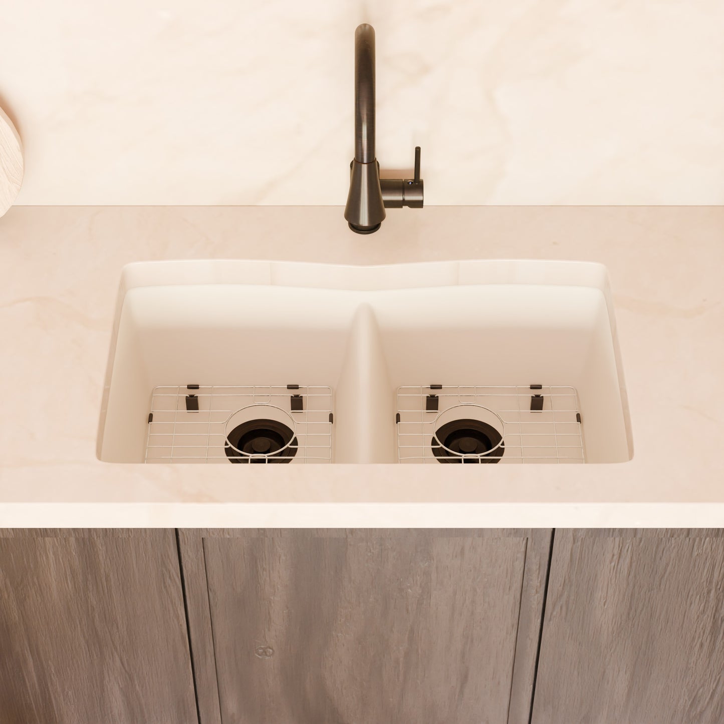 Double Bowl Undermount Granite Composite Sink in Striking White - NKGC-5050UND-WHI