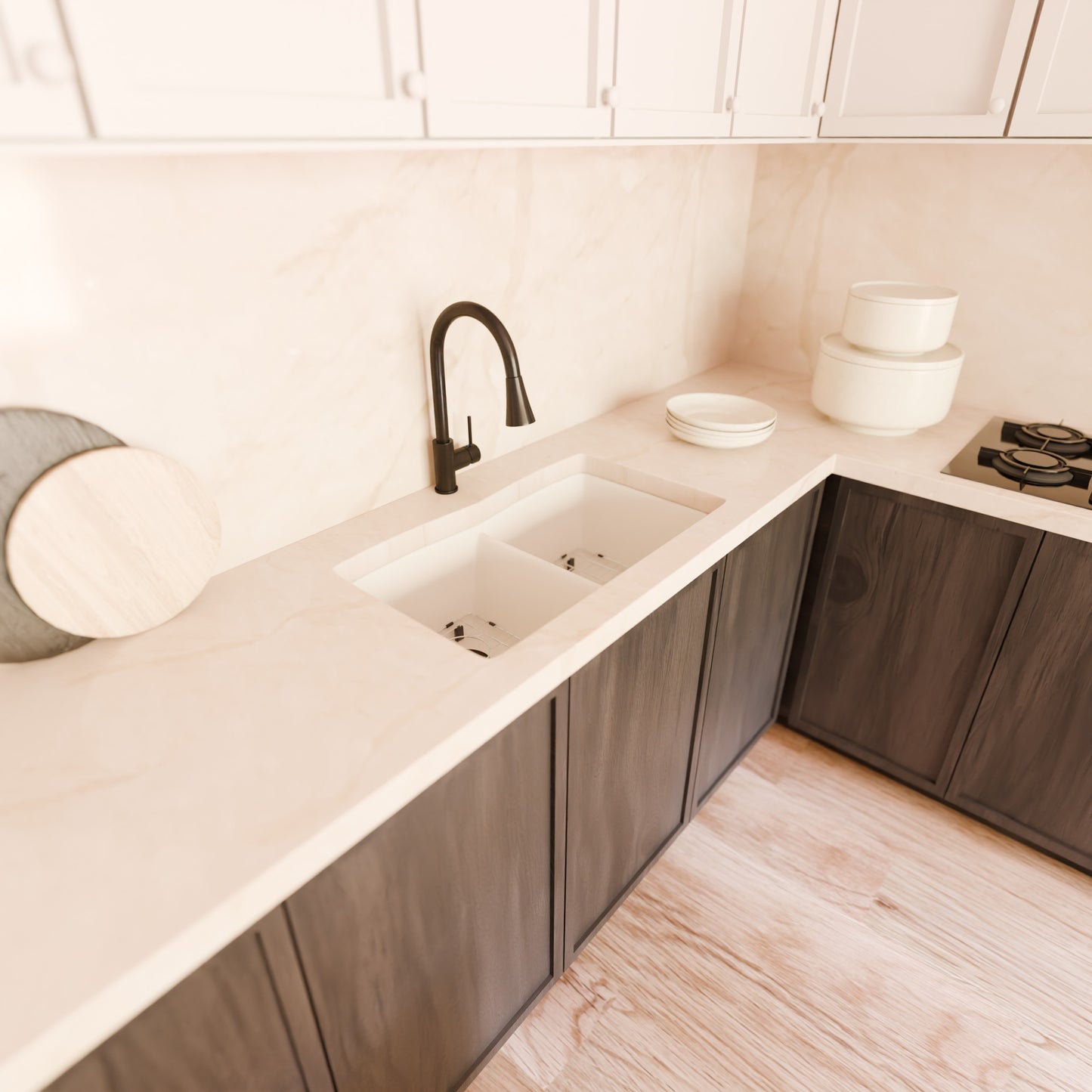 Double Bowl Undermount Granite Composite Sink in Striking White - NKGC-5050UND-WHI