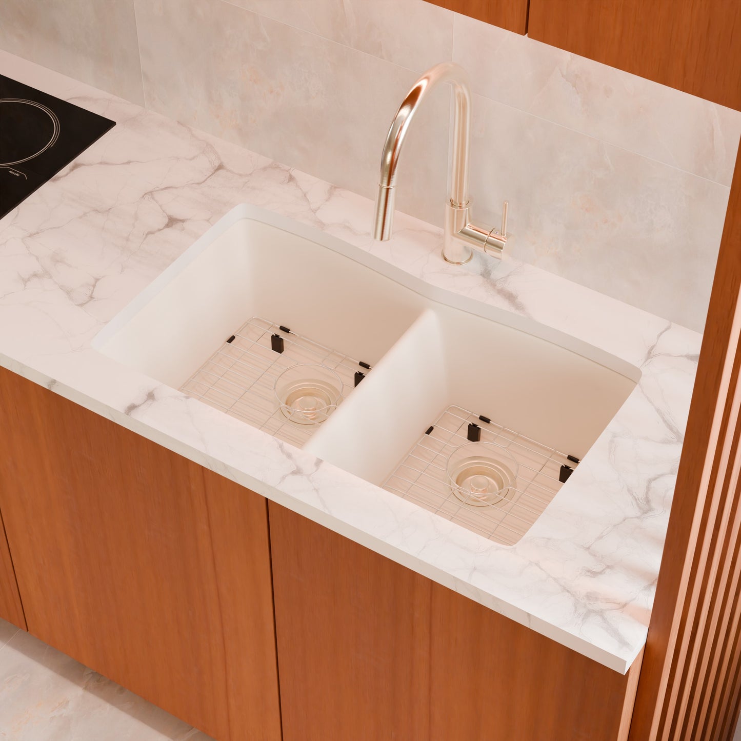 Double Bowl Undermount Granite Composite Sink in Striking White - NKGC-5050UND-WHI